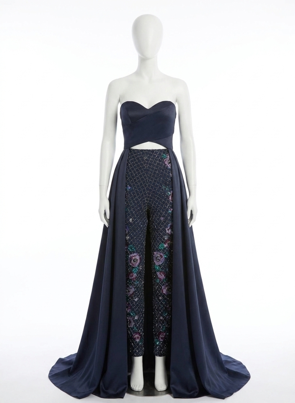 NEW RACHEL ALLAN stretch satin gown with beaded pants in navy